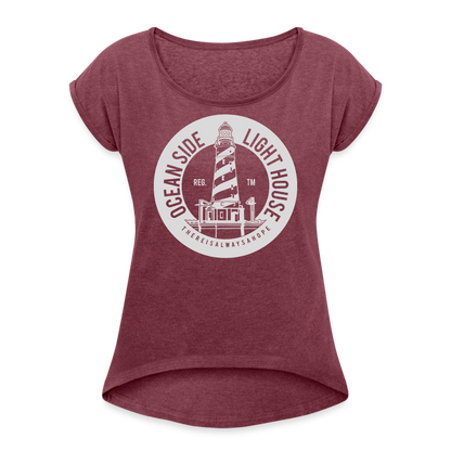 Frauen T-Shirt mit gerollten Ärmeln - Ocean Side Lighthouse - Bordeauxrot meliert