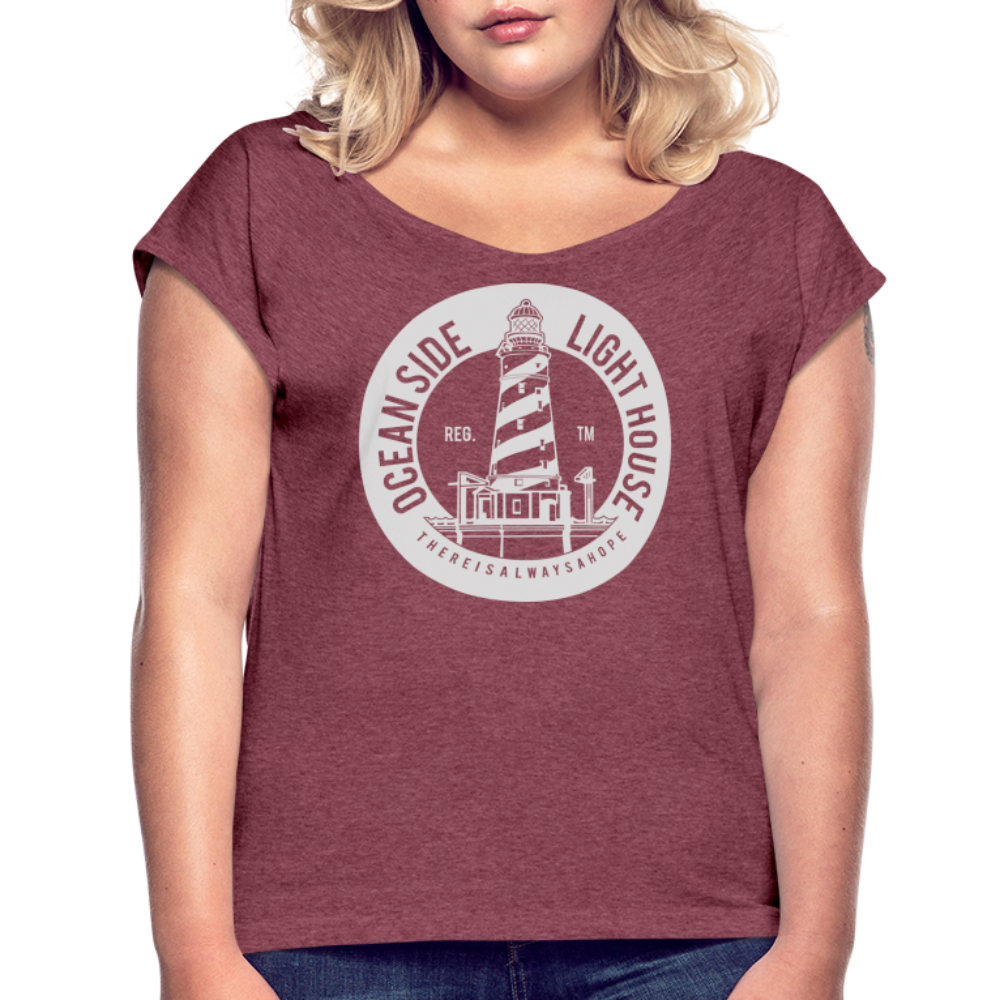 Frauen T-Shirt mit gerollten Ärmeln - Ocean Side Lighthouse - Bordeauxrot meliert