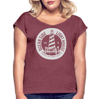 Frauen T-Shirt mit gerollten Ärmeln - Ocean Side Lighthouse - Bordeauxrot meliert