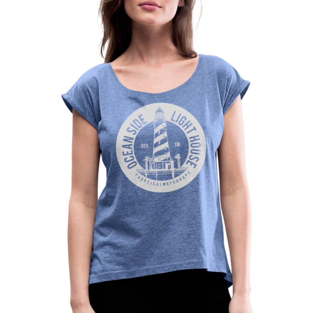 Frauen T-Shirt mit gerollten Ärmeln - Ocean Side Lighthouse - Denim meliert