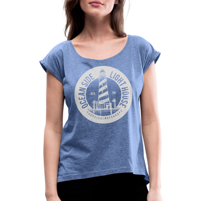 Frauen T-Shirt mit gerollten Ärmeln - Ocean Side Lighthouse - Denim meliert