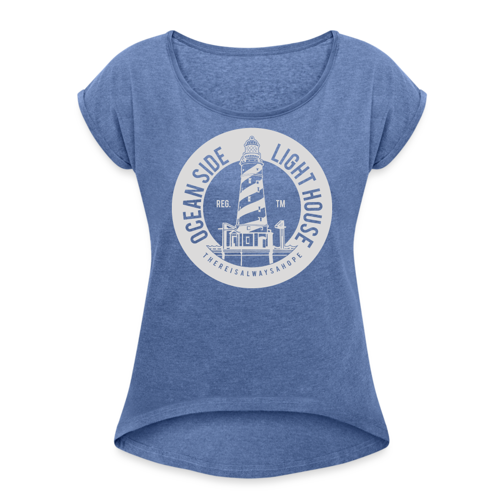 Frauen T-Shirt mit gerollten Ärmeln - Ocean Side Lighthouse - Denim meliert