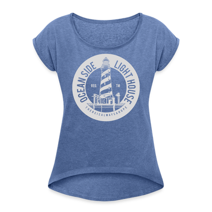 Frauen T-Shirt mit gerollten Ärmeln - Ocean Side Lighthouse - Denim meliert