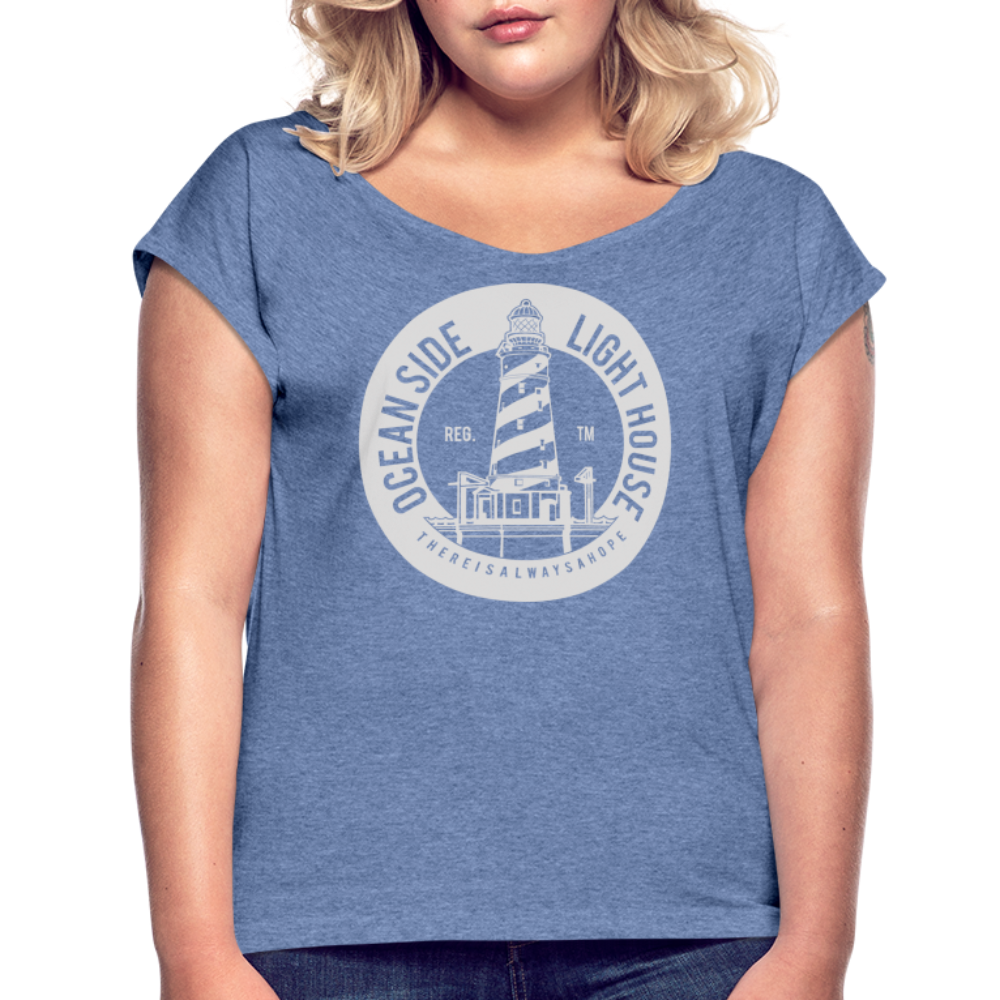 Frauen T-Shirt mit gerollten Ärmeln - Ocean Side Lighthouse - Denim meliert