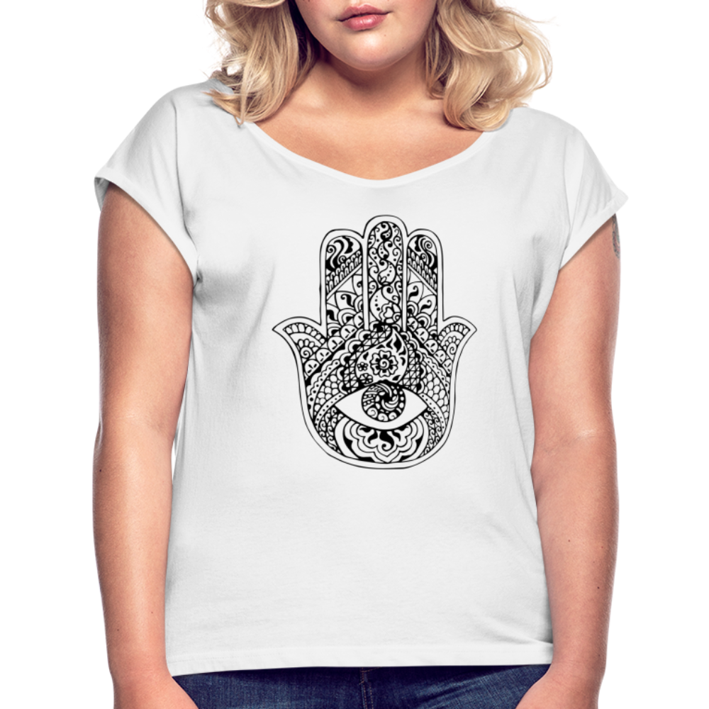 Frauen T-Shirt mit gerollten Ärmeln - Hamsa - weiß