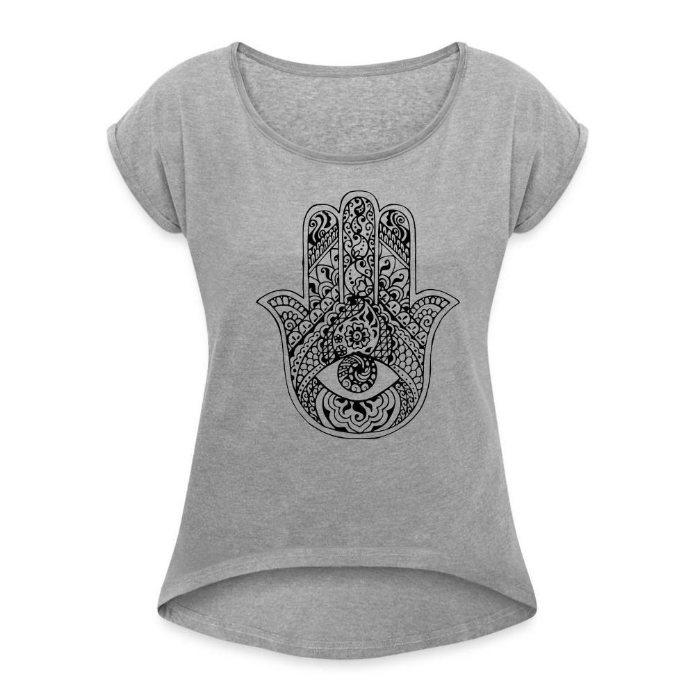 Frauen T-Shirt mit gerollten Ärmeln - Hamsa - Grau meliert