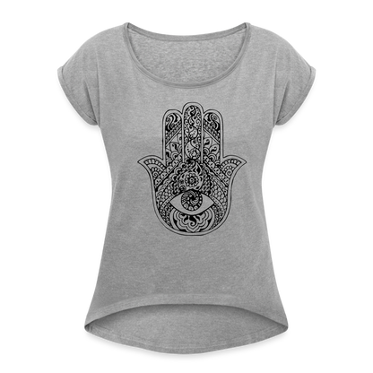 Frauen T-Shirt mit gerollten Ärmeln - Hamsa - Grau meliert