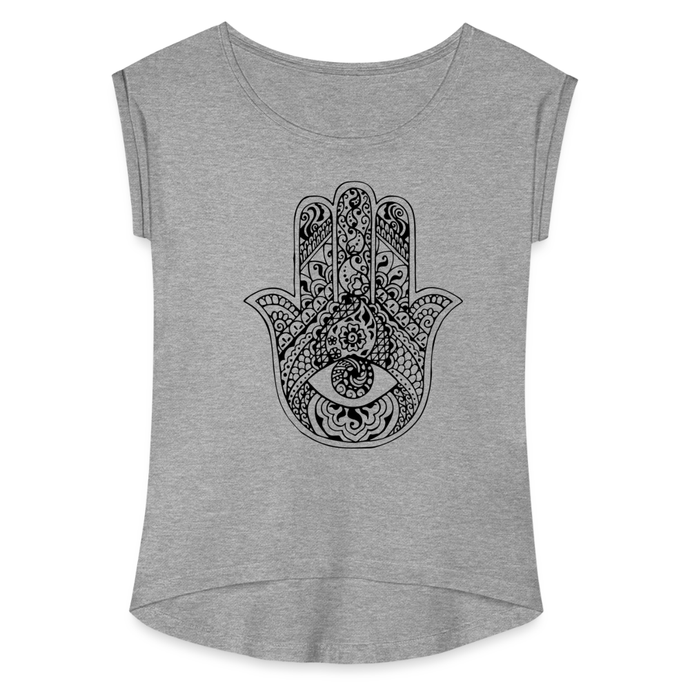 Frauen T-Shirt mit gerollten Ärmeln - Hamsa - Grau meliert