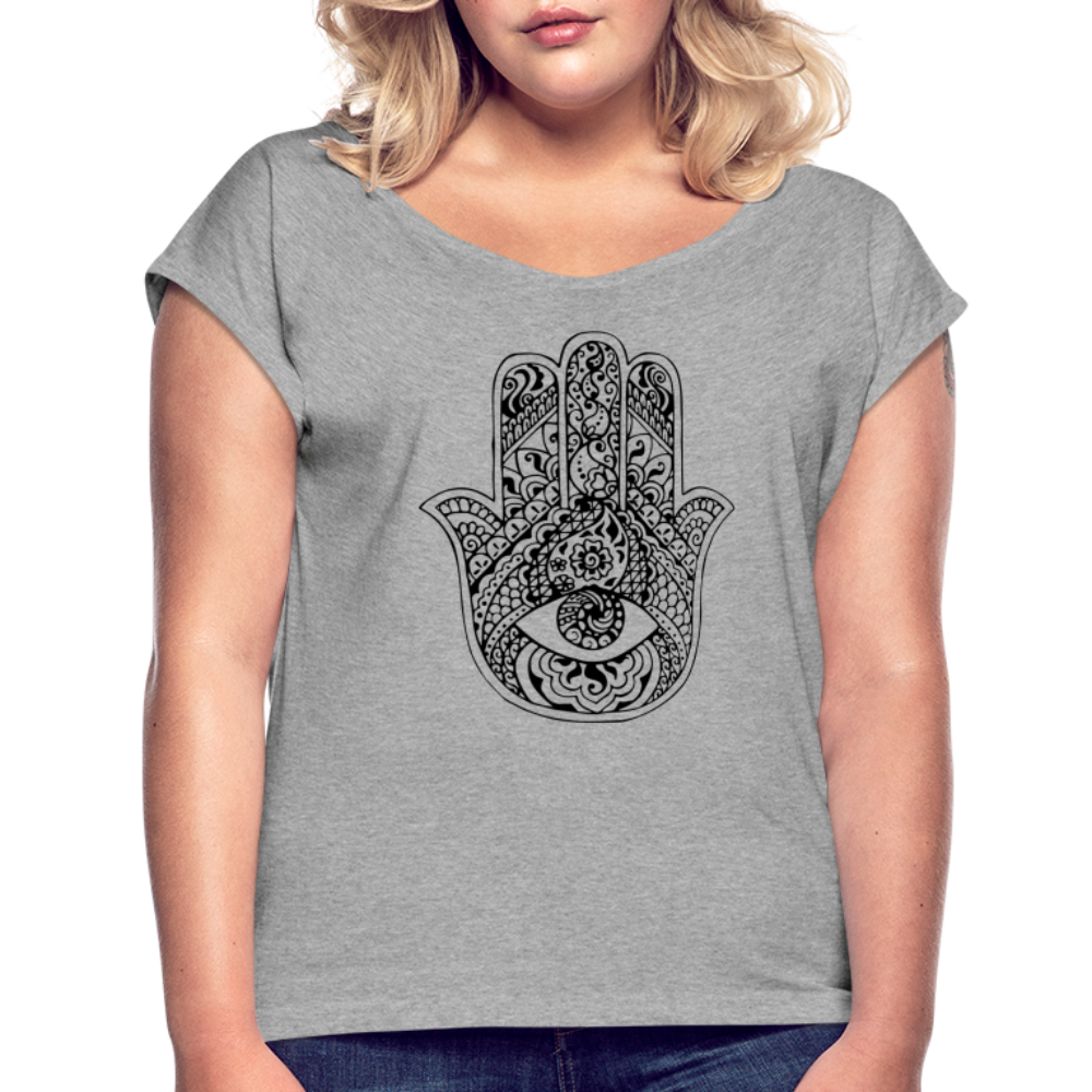 Frauen T-Shirt mit gerollten Ärmeln - Hamsa - Grau meliert