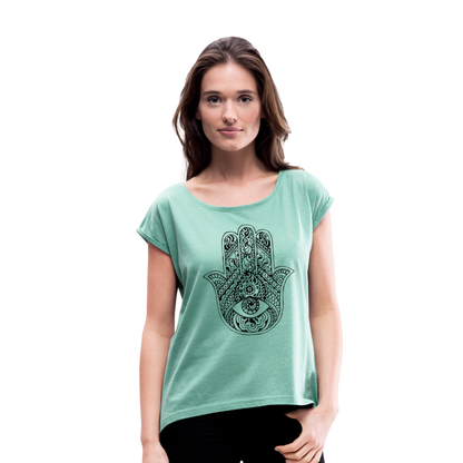 Frauen T-Shirt mit gerollten Ärmeln - Hamsa - Minze meliert