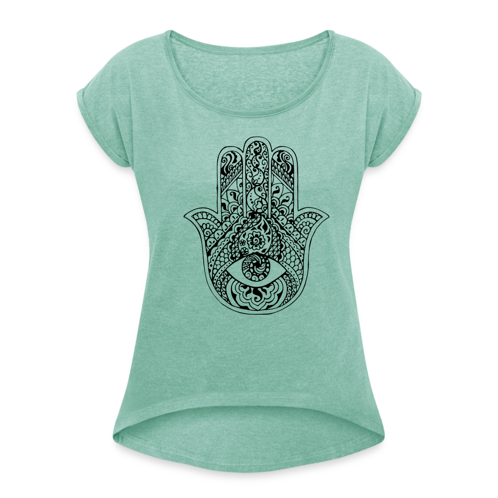 Frauen T-Shirt mit gerollten Ärmeln - Hamsa - Minze meliert