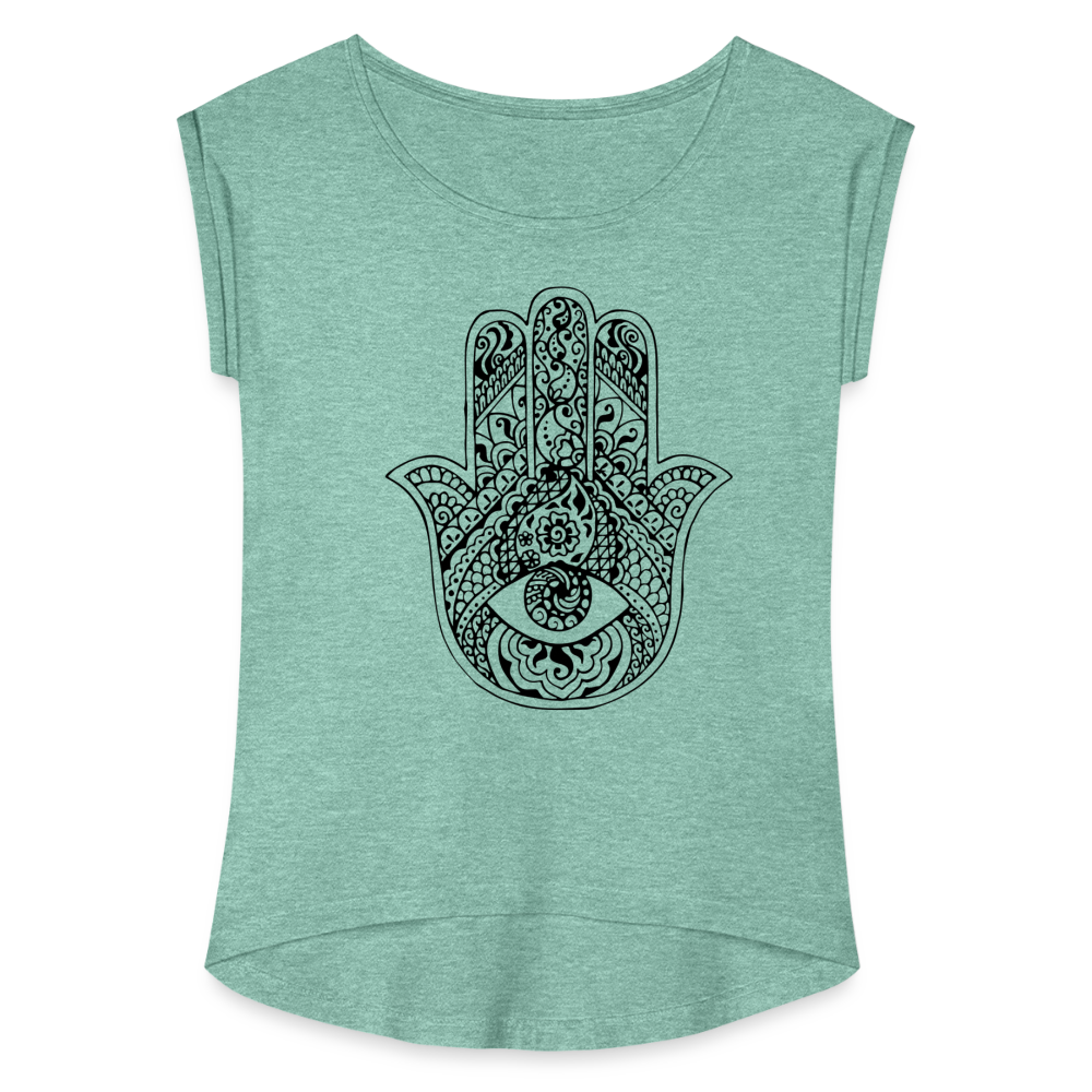 Frauen T-Shirt mit gerollten Ärmeln - Hamsa - Minze meliert