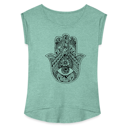 Frauen T-Shirt mit gerollten Ärmeln - Hamsa - Minze meliert