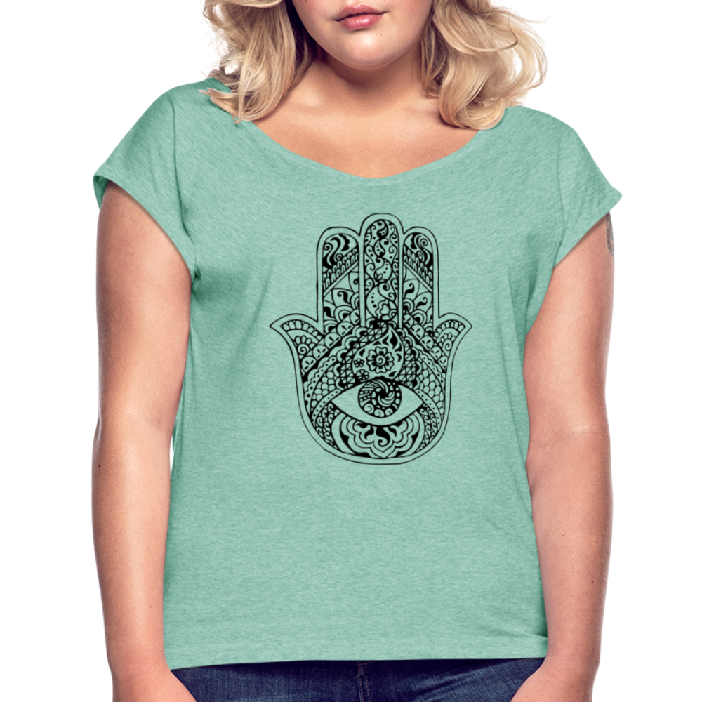 Frauen T-Shirt mit gerollten Ärmeln - Hamsa - Minze meliert