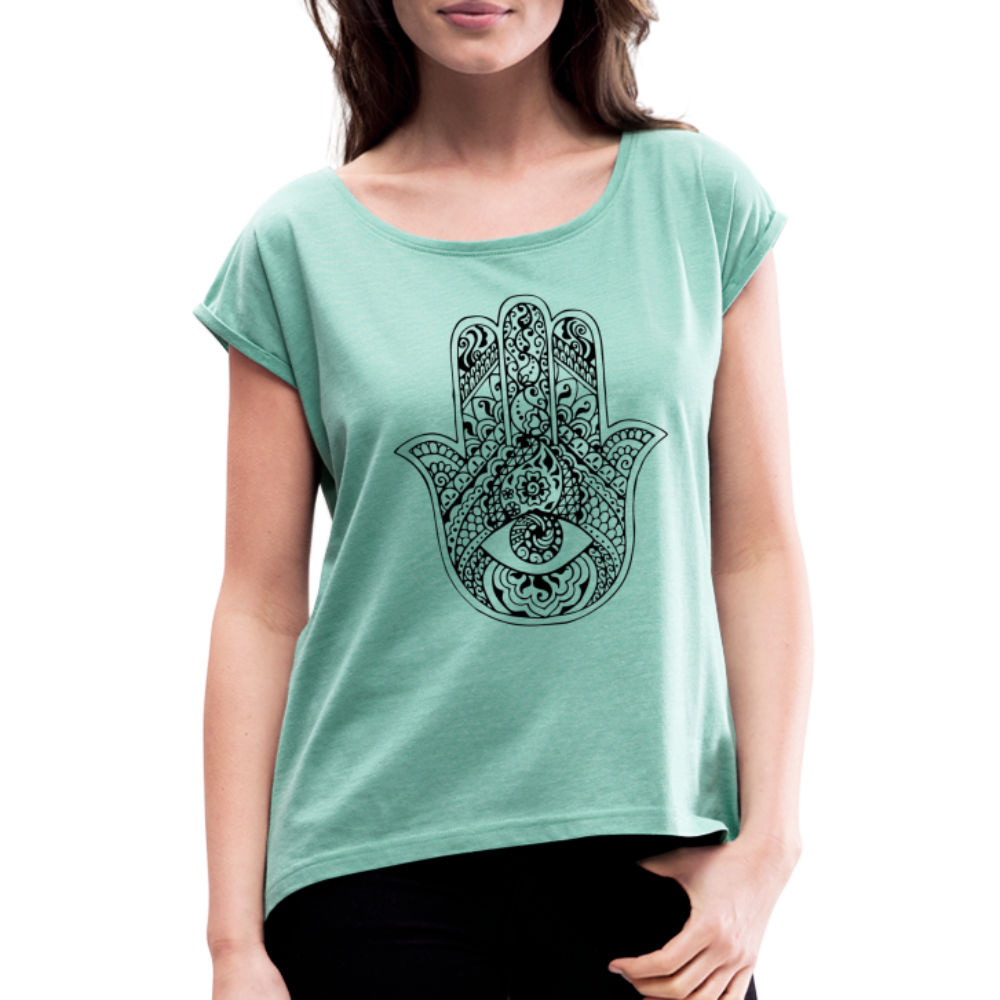 Frauen T-Shirt mit gerollten Ärmeln - Hamsa - Minze meliert