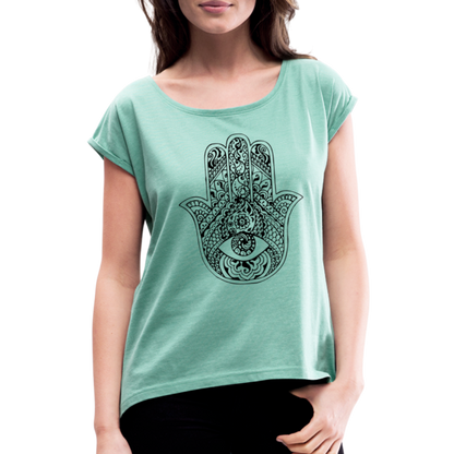 Frauen T-Shirt mit gerollten Ärmeln - Hamsa - Minze meliert