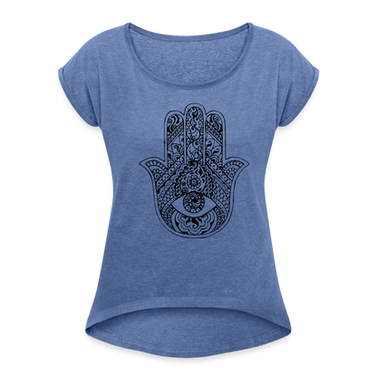 Frauen T-Shirt mit gerollten Ärmeln - Hamsa - Denim meliert