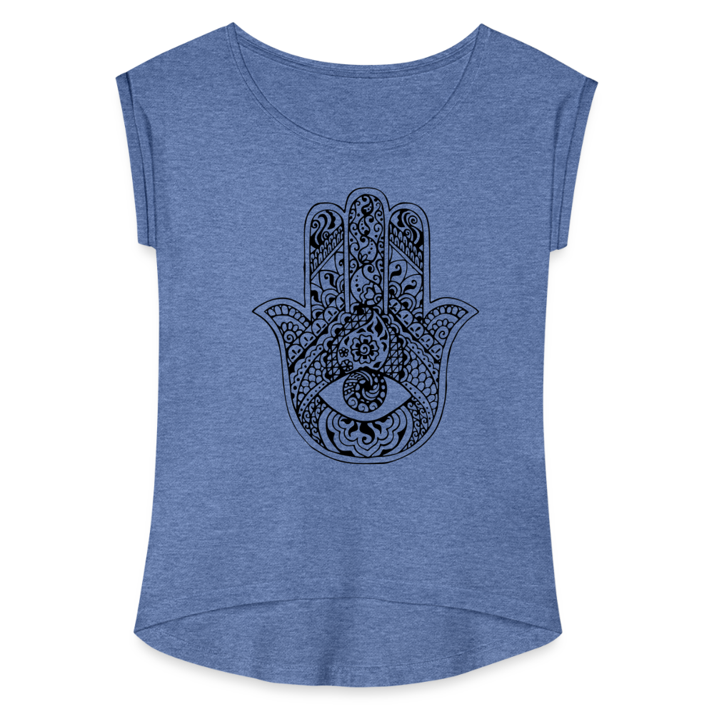 Frauen T-Shirt mit gerollten Ärmeln - Hamsa - Denim meliert