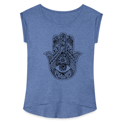 Frauen T-Shirt mit gerollten Ärmeln - Hamsa - Denim meliert