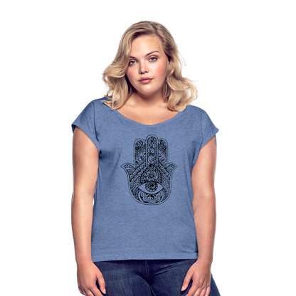 Frauen T-Shirt mit gerollten Ärmeln - Hamsa - Denim meliert