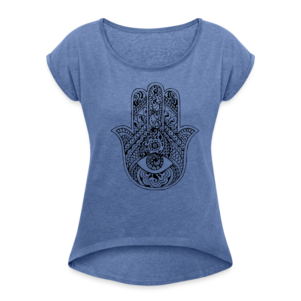 Frauen T-Shirt mit gerollten Ärmeln - Hamsa - Denim meliert