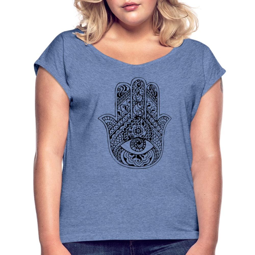 Frauen T-Shirt mit gerollten Ärmeln - Hamsa - Denim meliert