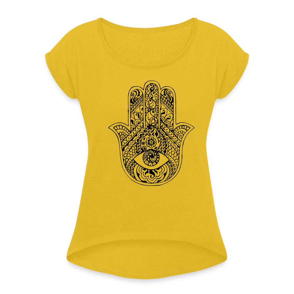 Frauen T-Shirt mit gerollten Ärmeln - Hamsa - Senfgelb