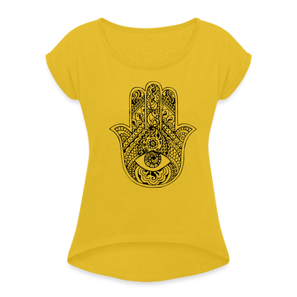 Frauen T-Shirt mit gerollten Ärmeln - Hamsa - Senfgelb