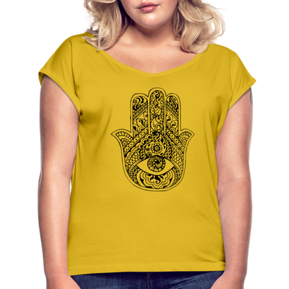 Frauen T-Shirt mit gerollten Ärmeln - Hamsa - Senfgelb