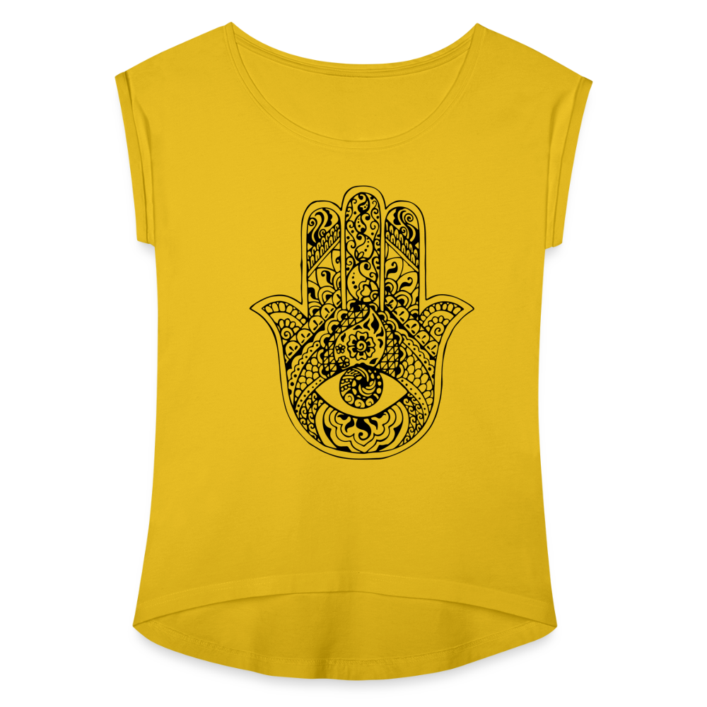 Frauen T-Shirt mit gerollten Ärmeln - Hamsa - Senfgelb