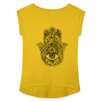 Frauen T-Shirt mit gerollten Ärmeln - Hamsa - Senfgelb