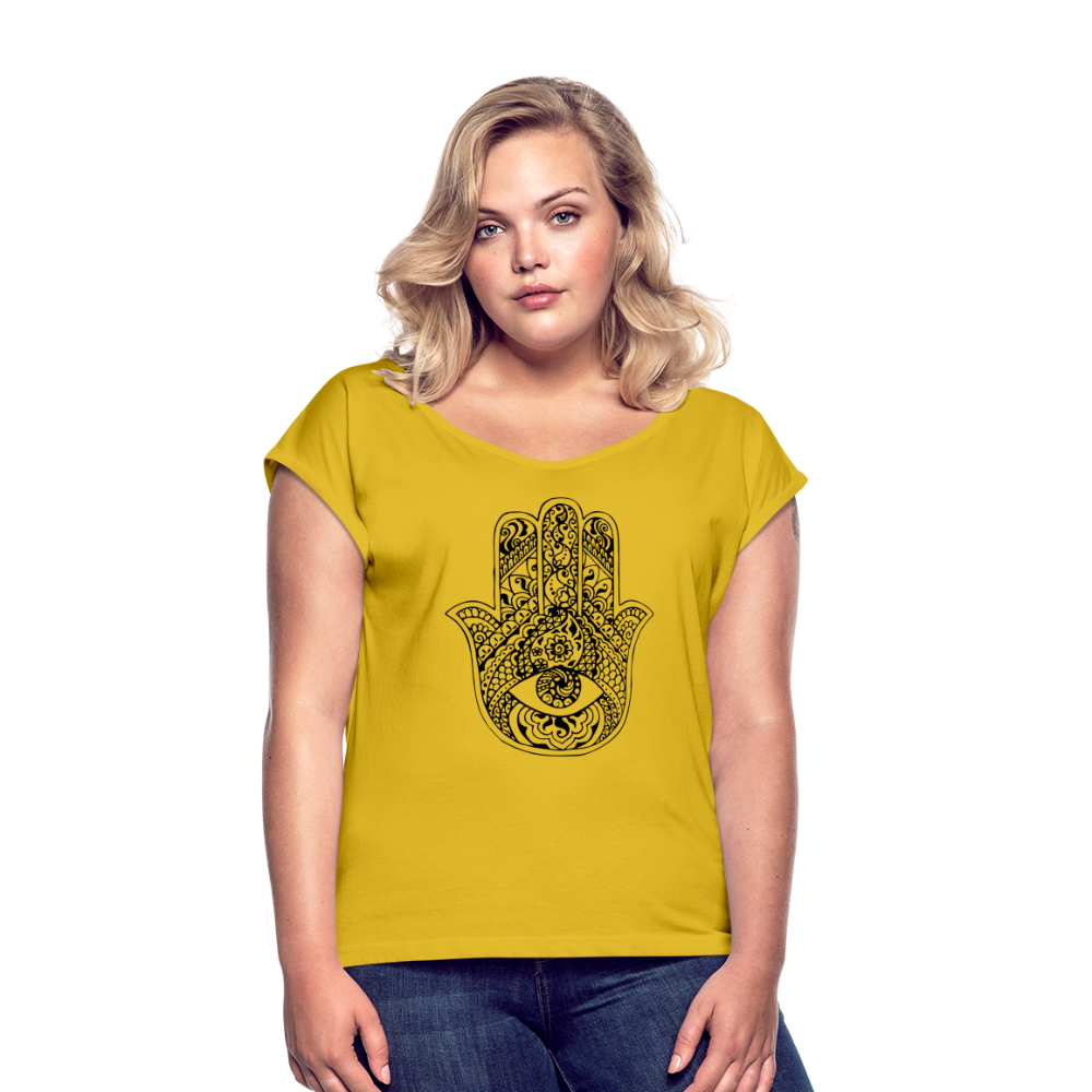 Frauen T-Shirt mit gerollten Ärmeln - Hamsa - Senfgelb