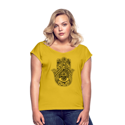 Frauen T-Shirt mit gerollten Ärmeln - Hamsa - Senfgelb