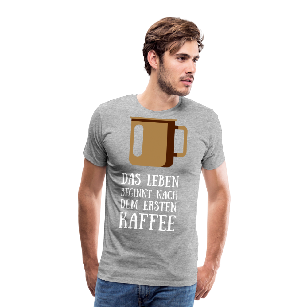 Männer Premium T-Shirt - Das Leben  beginnt nach dem Ersten Kaffee - Grau meliert