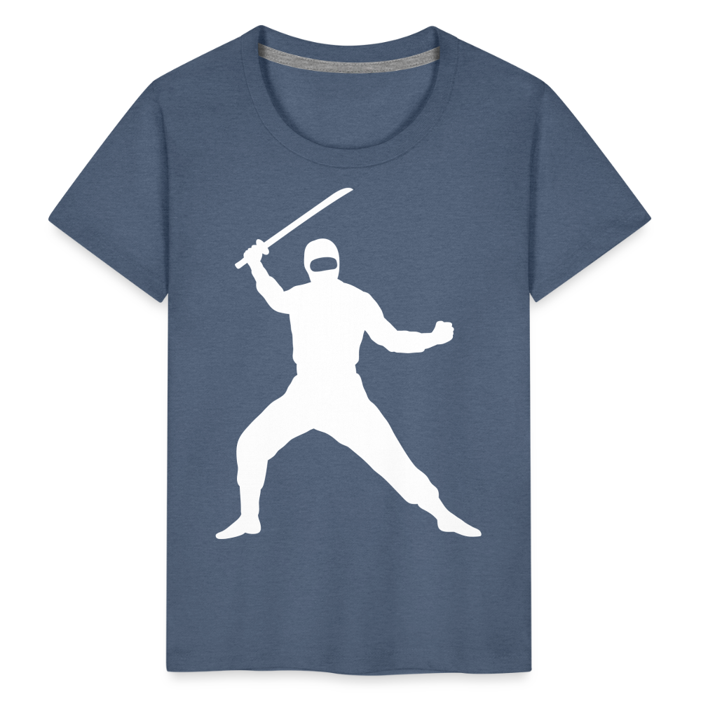 Kinder Premium T-Shirt - Ninja Design mit Katana - Blau meliert