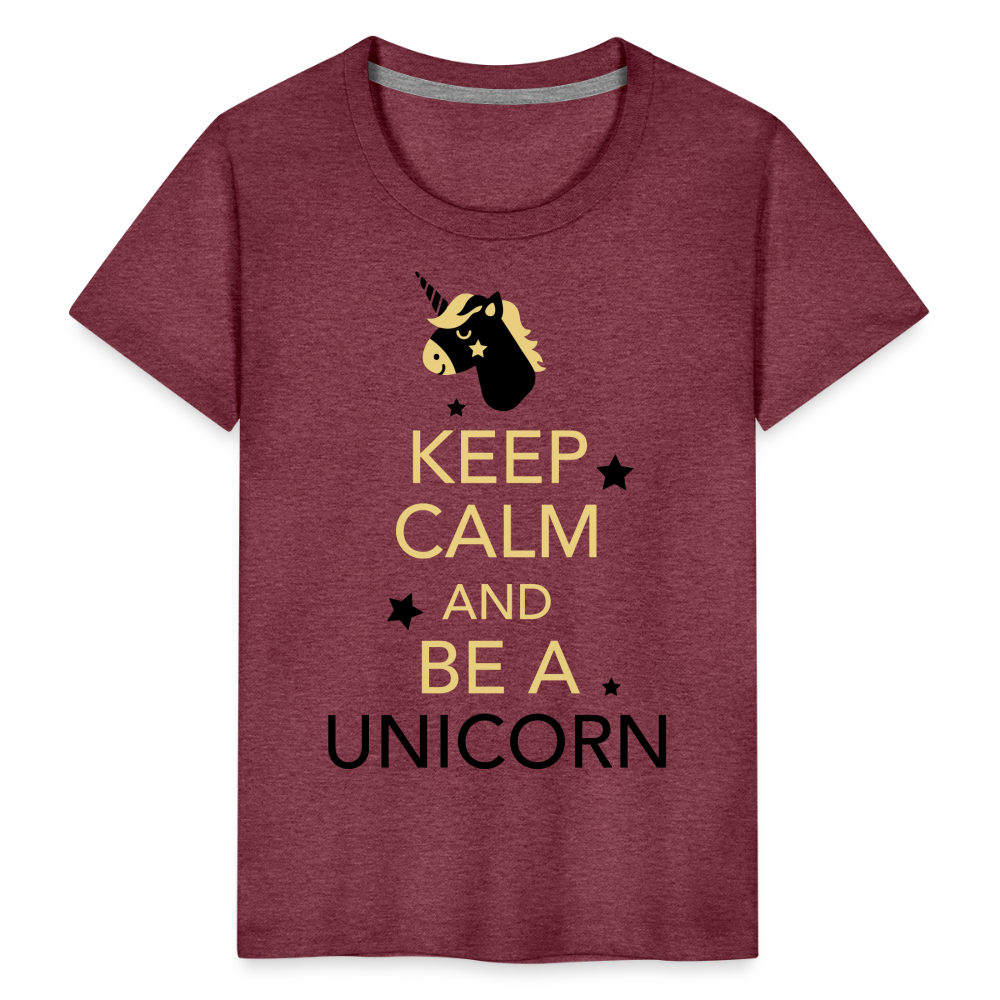 Kinder Premium T-Shirt - Keep Calm and be a Unicorn - Bordeauxrot meliert