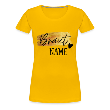 JGA Braut T-Shirt Gold mit Herz - personalisierbar - Sonnengelb