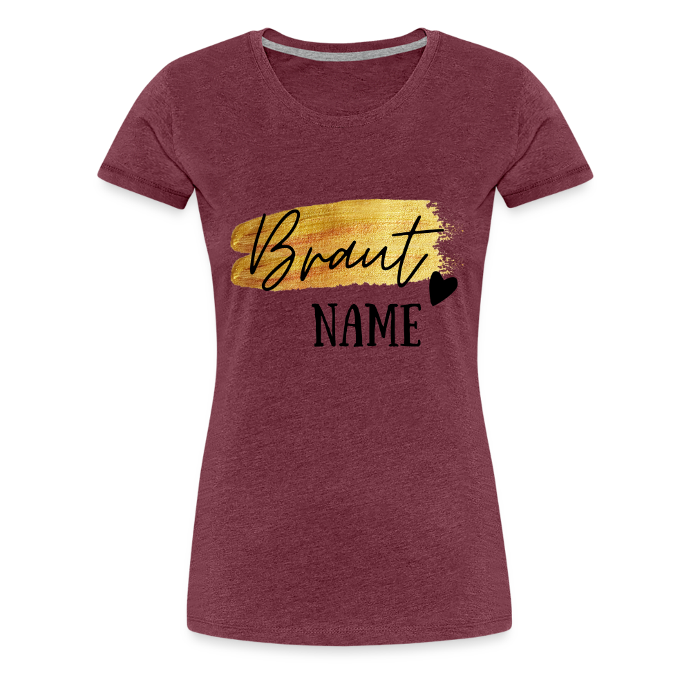 JGA Braut T-Shirt Gold mit Herz - personalisierbar - Bordeauxrot meliert