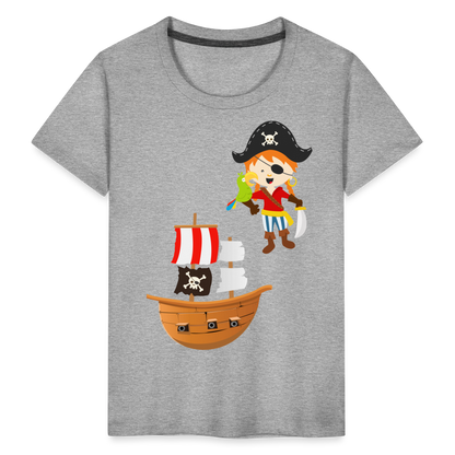 Kinder Premium T-Shirt - Pirat mit Piratenschiff - Grau meliert