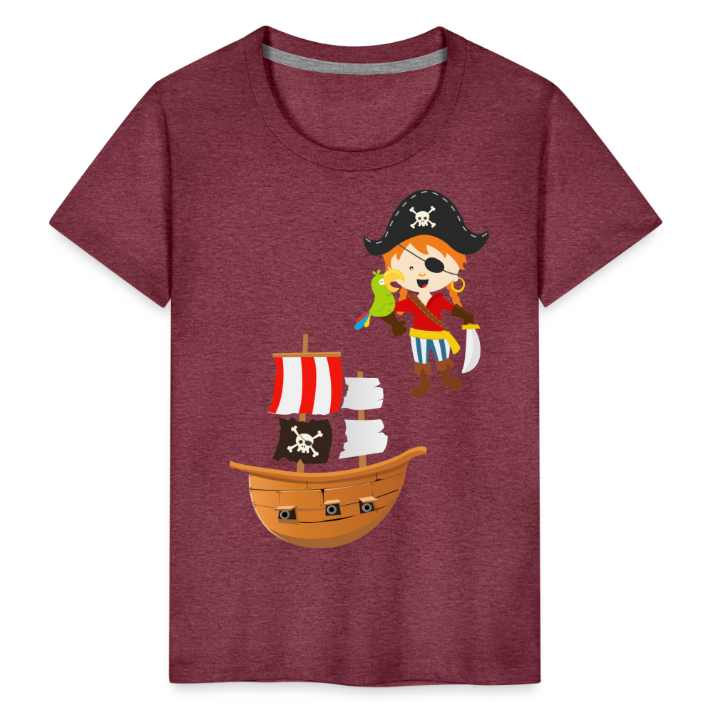 Kinder Premium T-Shirt - Pirat mit Piratenschiff - Bordeauxrot meliert