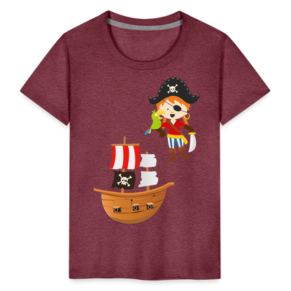 Kinder Premium T-Shirt - Pirat mit Piratenschiff - Bordeauxrot meliert