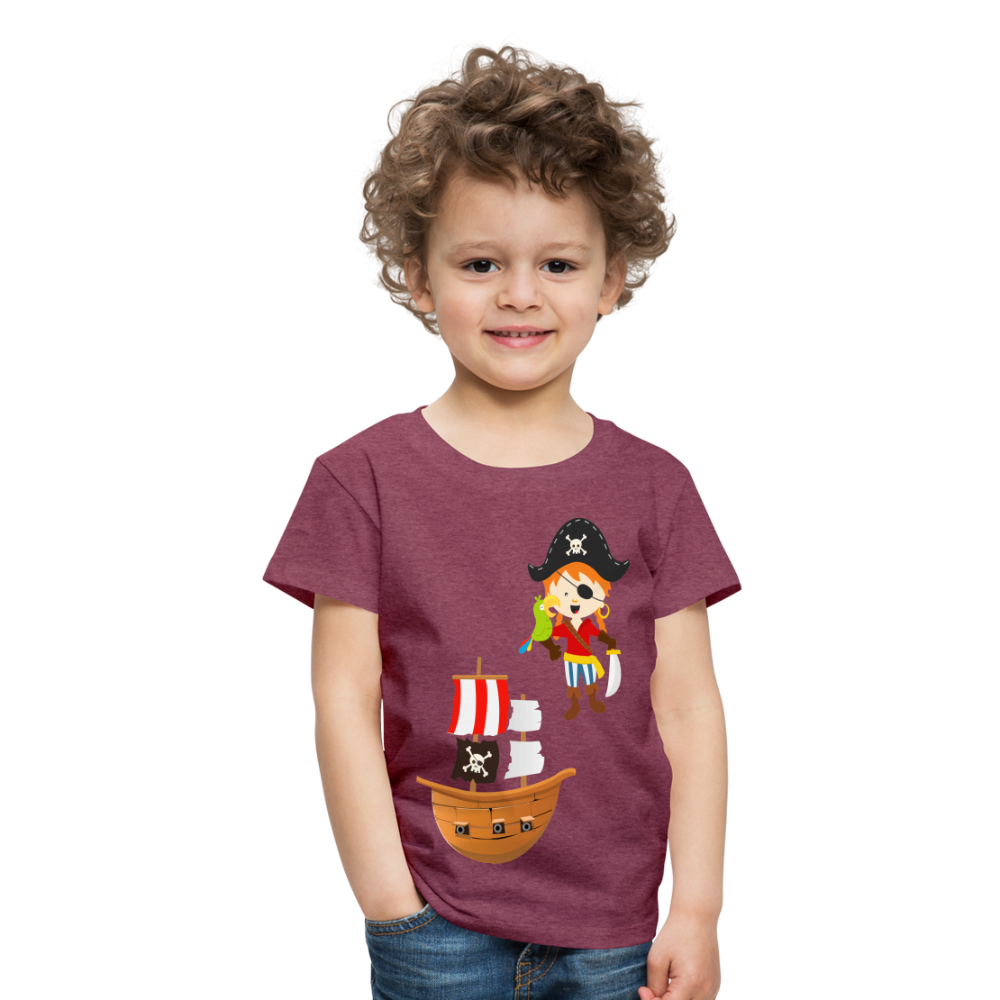 Kinder Premium T-Shirt - Pirat mit Piratenschiff - Bordeauxrot meliert