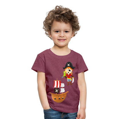 Kinder Premium T-Shirt - Pirat mit Piratenschiff - Bordeauxrot meliert