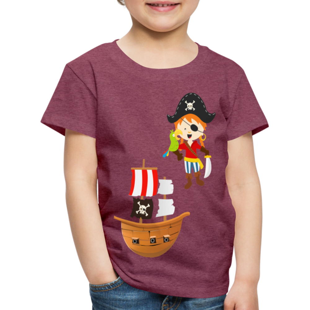 Kinder Premium T-Shirt - Pirat mit Piratenschiff - Bordeauxrot meliert