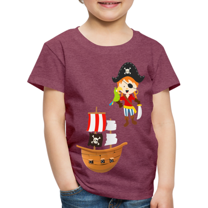 Kinder Premium T-Shirt - Pirat mit Piratenschiff - Bordeauxrot meliert