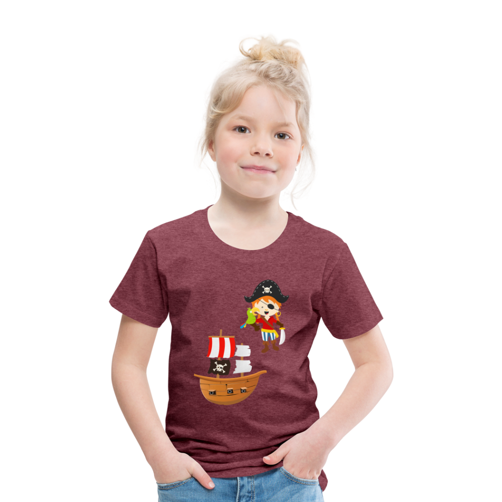 Kinder Premium T-Shirt - Pirat mit Piratenschiff - Bordeauxrot meliert