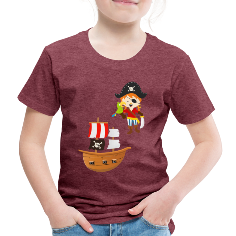 Kinder Premium T-Shirt - Pirat mit Piratenschiff - Bordeauxrot meliert