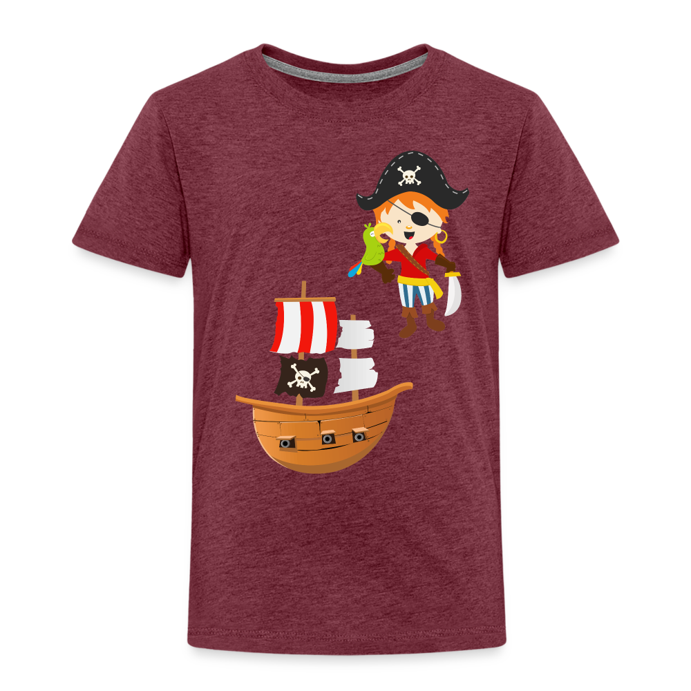 Kinder Premium T-Shirt - Pirat mit Piratenschiff - Bordeauxrot meliert