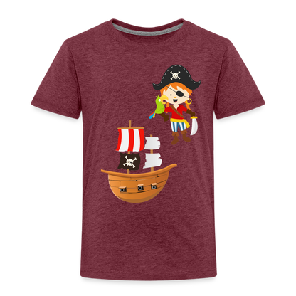 Kinder Premium T-Shirt - Pirat mit Piratenschiff - Bordeauxrot meliert