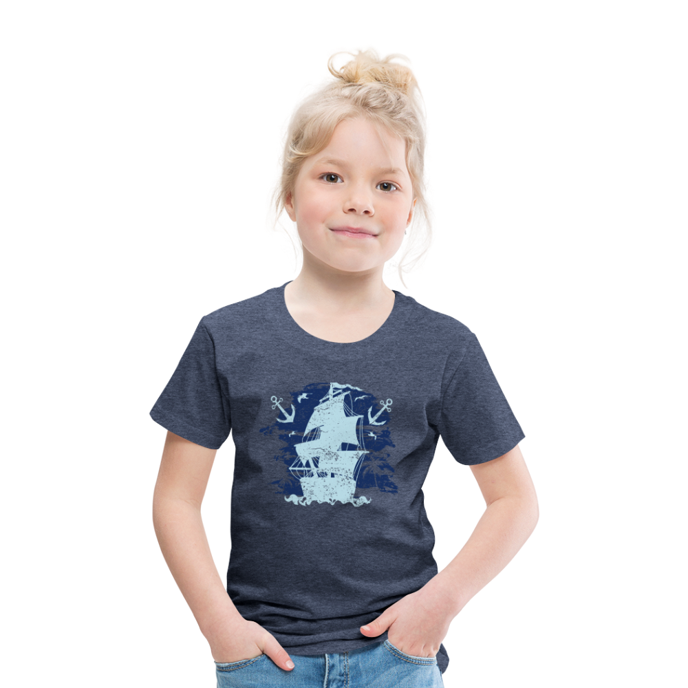 Kinder Premium T-Shirt - Schiff mit Anker - Blau meliert